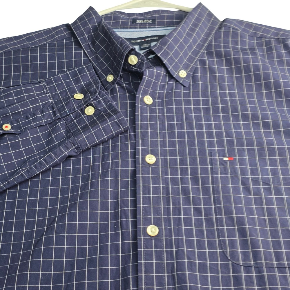 Tommy Hilfiger Button Down Shirt Mens XXL Navy Blue Windowpane 100s 2-Ply Cotton - Picture 2 of 13
